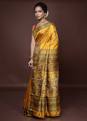 Yellow Handloom Baluchari Pure Silk Saree With Blouse Piece