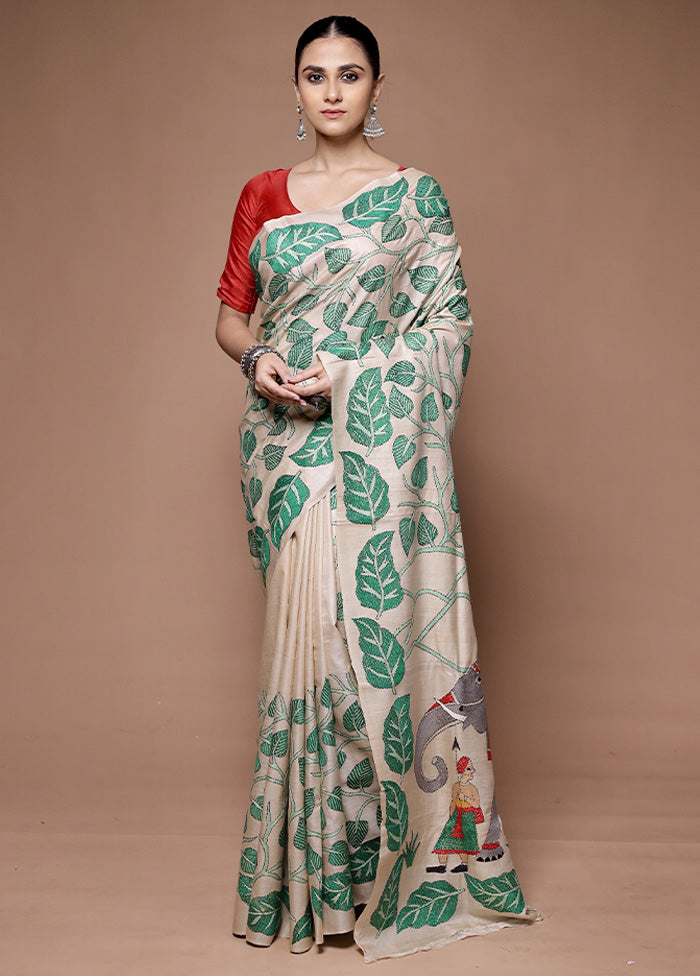 Cream Handloom Kantha Stitch Pure Silk Saree With Blouse Piece