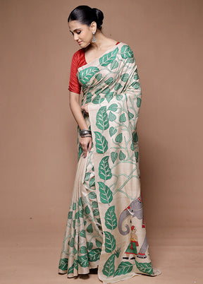 Cream Handloom Kantha Stitch Pure Silk Saree With Blouse Piece