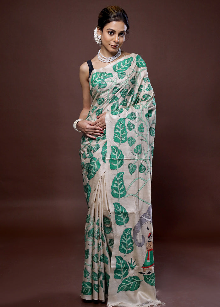 Cream Kantha Stitch Pure Silk Saree With Blouse Piece - Indian Silk House Agencies