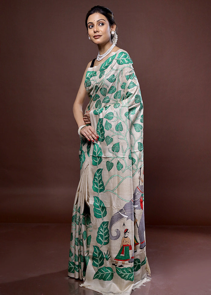 Cream Kantha Stitch Pure Silk Saree With Blouse Piece - Indian Silk House Agencies