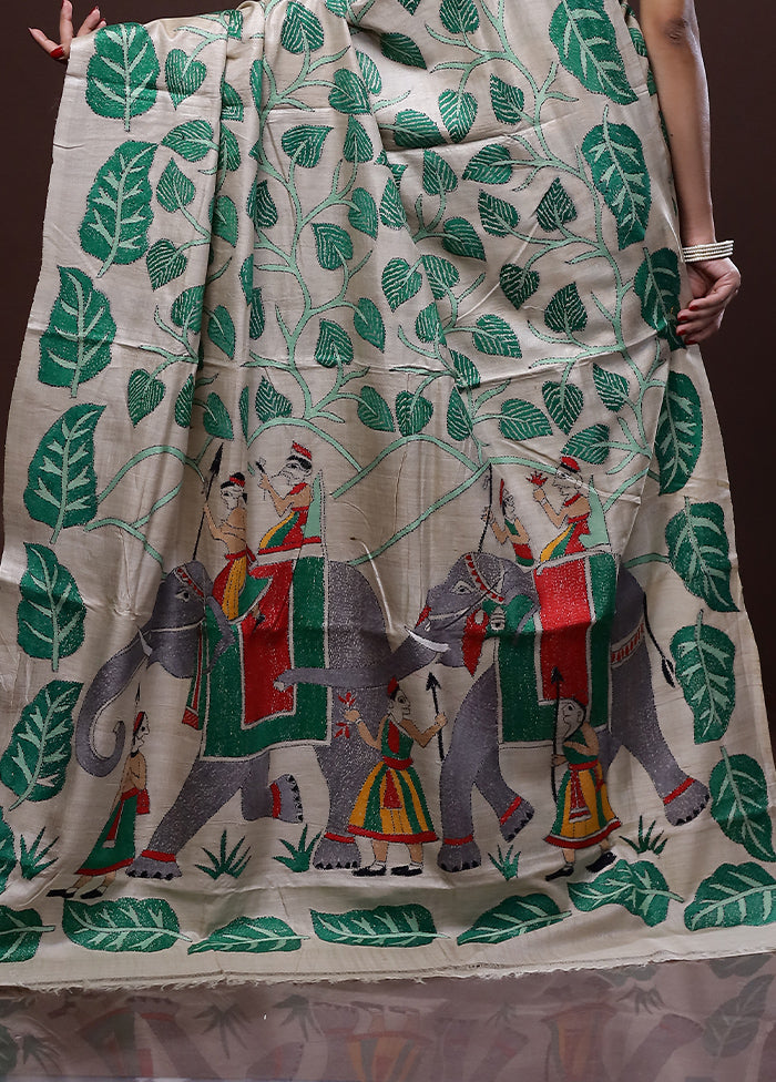 Cream Kantha Stitch Pure Silk Saree With Blouse Piece - Indian Silk House Agencies