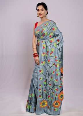 Grey Kantha Stitch Pure Silk Saree With Blouse Piece - Indian Silk House Agencies