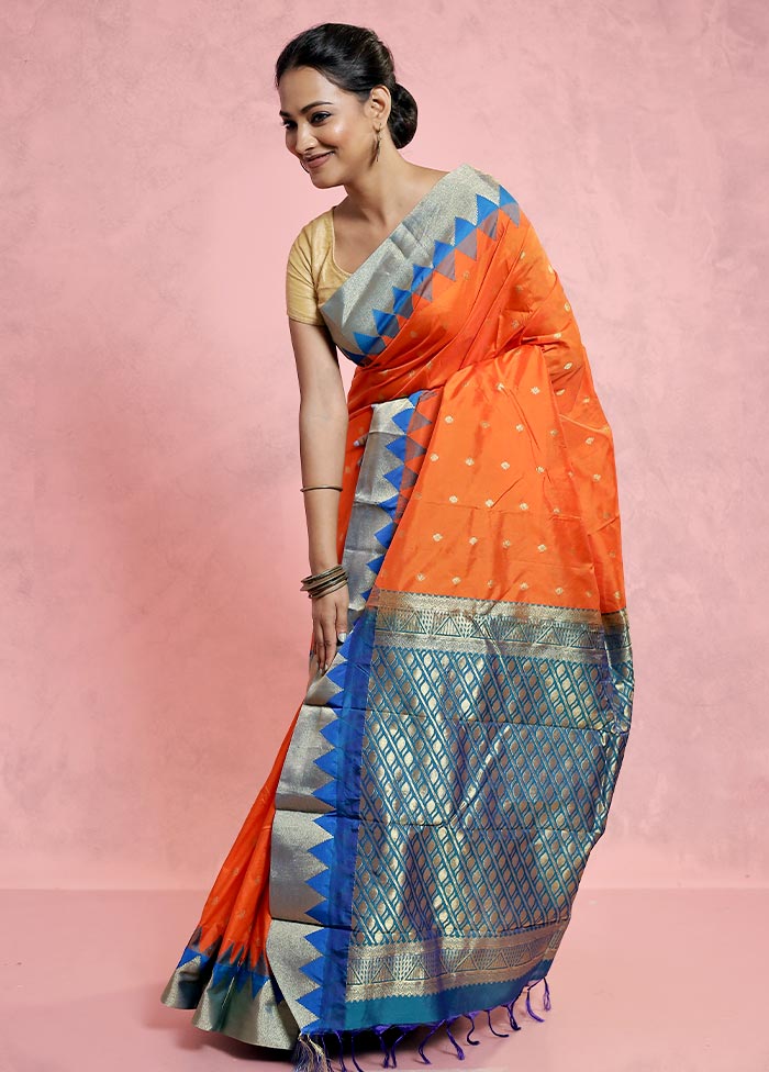 Orange Kanjivaram Silk Saree With Blouse Piece - Indian Silk House Agencies