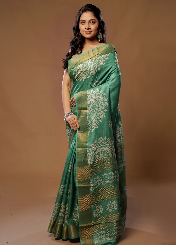 Green Tussar Silk Saree With Blouse Piece - Indian Silk House Agencies