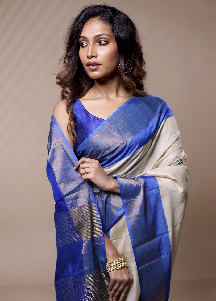 Cream Tussar Silk Saree Without Blouse Piece - Indian Silk House Agencies