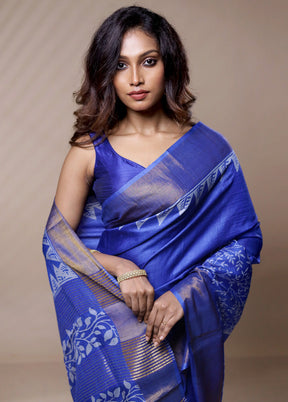 Blue Tussar Silk Saree Without Blouse Piece - Indian Silk House Agencies