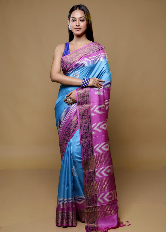 Blue Tussar Silk Saree With Blouse Piece