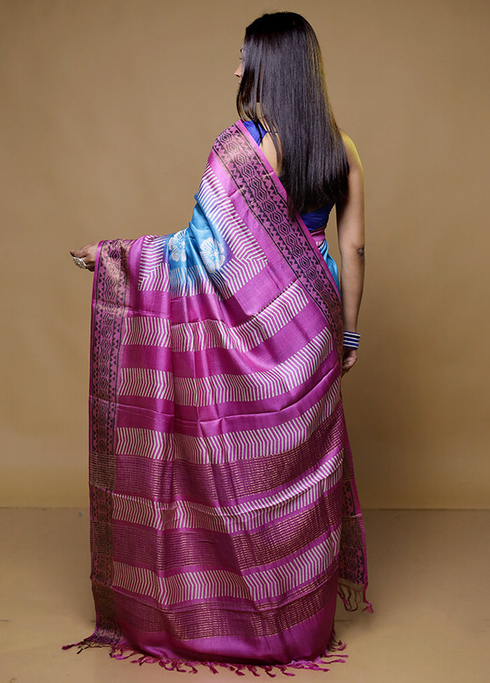 Blue Tussar Silk Saree With Blouse Piece