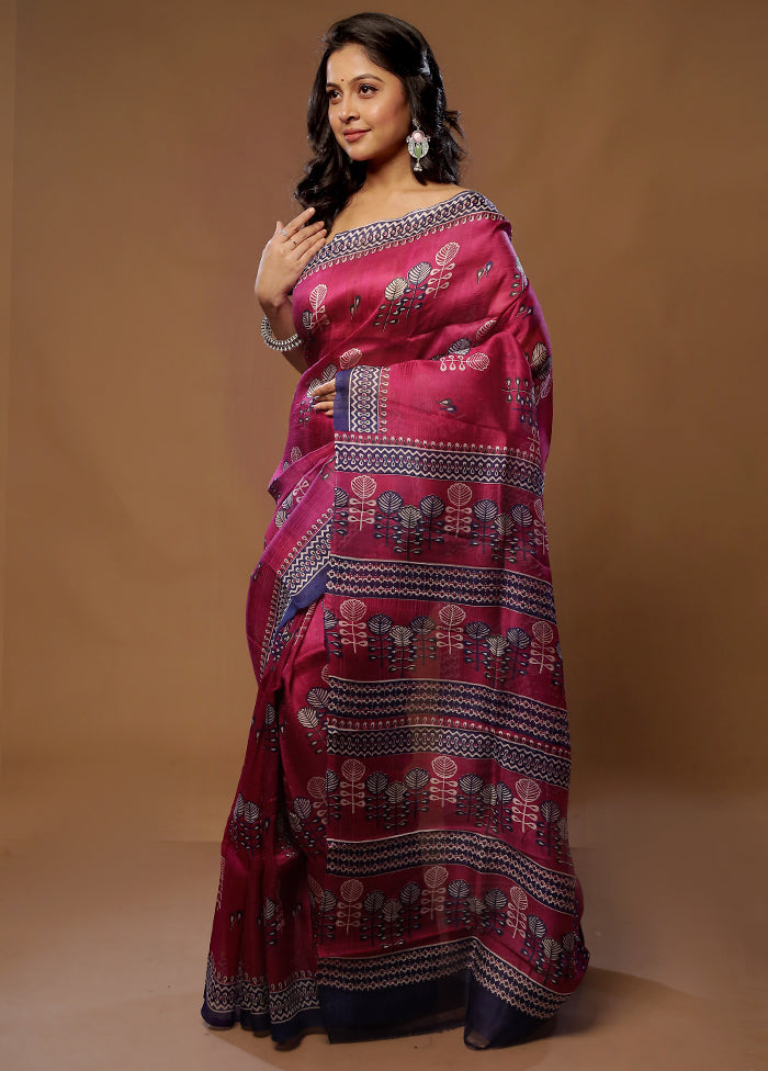 Purple Printed Pure Silk Saree With Blouse Piece - Indian Silk House Agencies