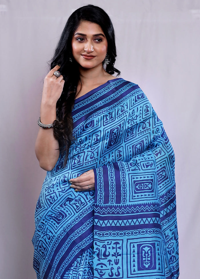 Blue Printed Pure Silk Saree With Blouse Piece - Indian Silk House Agencies