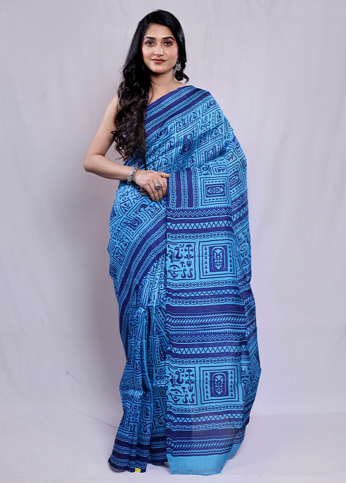 Blue Printed Pure Silk Saree With Blouse Piece - Indian Silk House Agencies