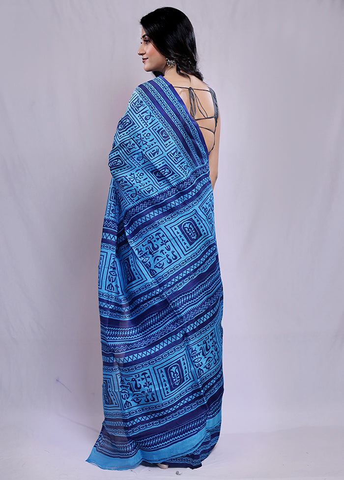 Blue Printed Pure Silk Saree With Blouse Piece - Indian Silk House Agencies