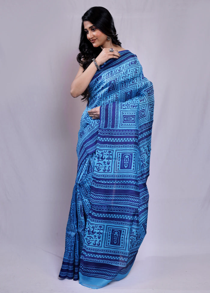 Blue Printed Pure Silk Saree With Blouse Piece - Indian Silk House Agencies