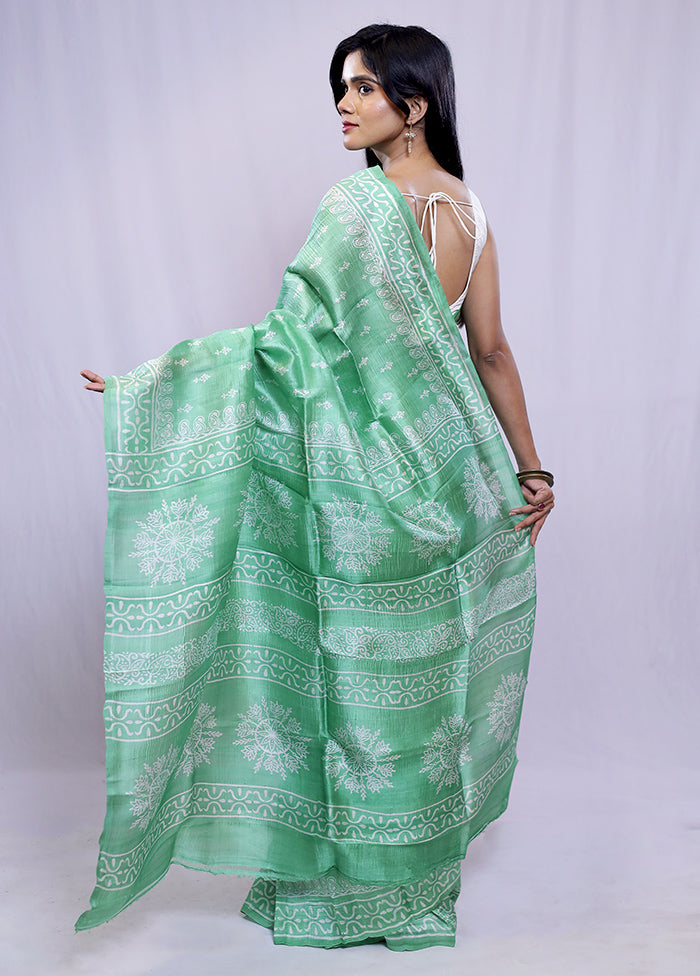 Green Printed Pure Silk Saree With Blouse Piece - Indian Silk House Agencies