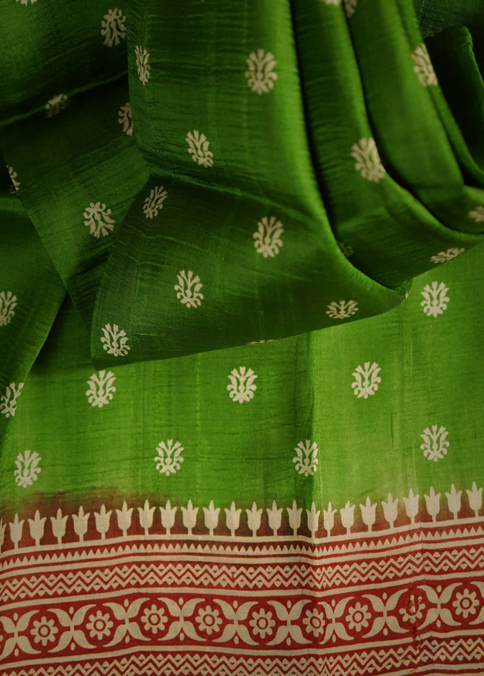 Green Printed Pure Silk Saree With Blouse Piece - Indian Silk House Agencies