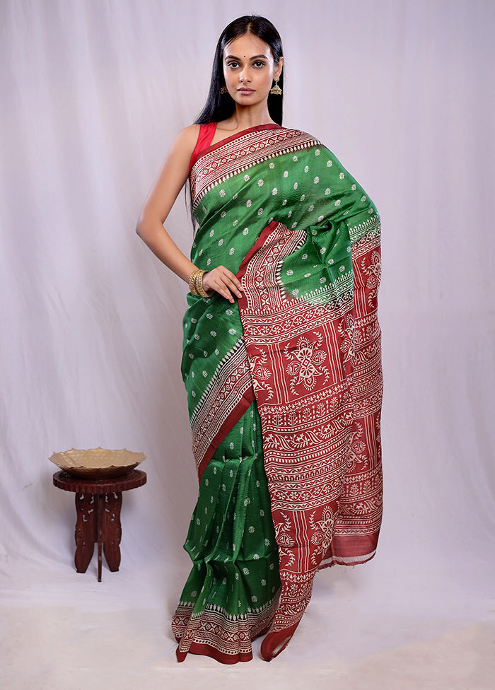 Green Printed Pure Silk Saree With Blouse Piece - Indian Silk House Agencies