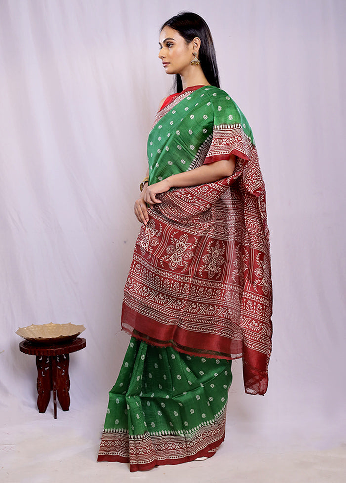 Green Printed Pure Silk Saree With Blouse Piece - Indian Silk House Agencies