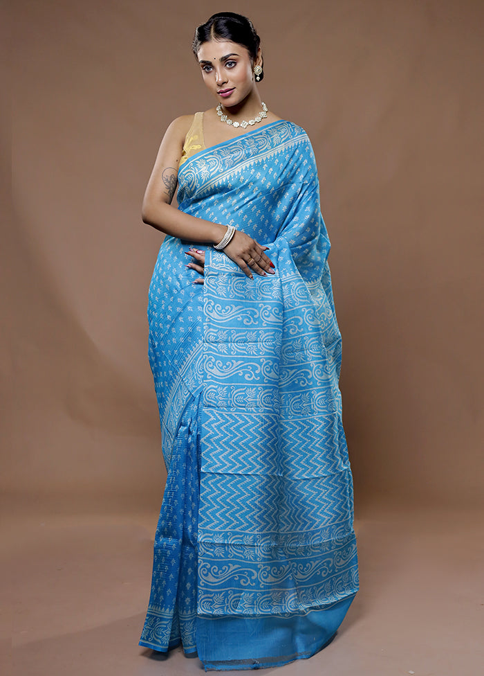 Blue Printed Pure Silk Saree With Blouse Piece - Indian Silk House Agencies