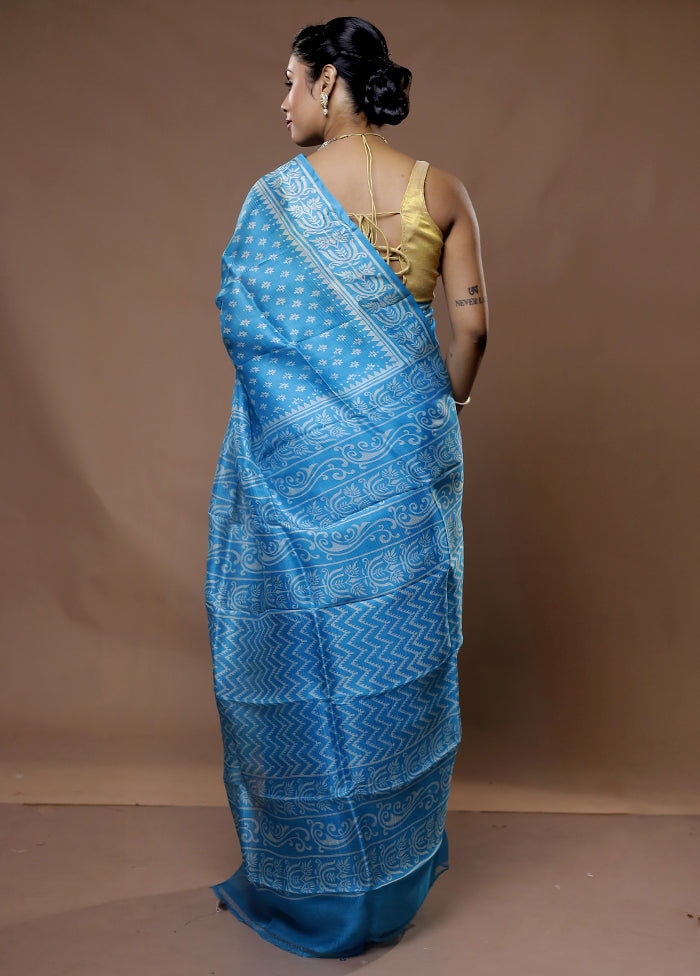 Blue Printed Pure Silk Saree With Blouse Piece - Indian Silk House Agencies