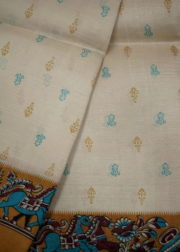 Cream Printed Pure Silk Saree With Blouse Piece - Indian Silk House Agencies