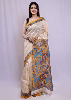 Cream Printed Pure Silk Saree With Blouse Piece - Indian Silk House Agencies