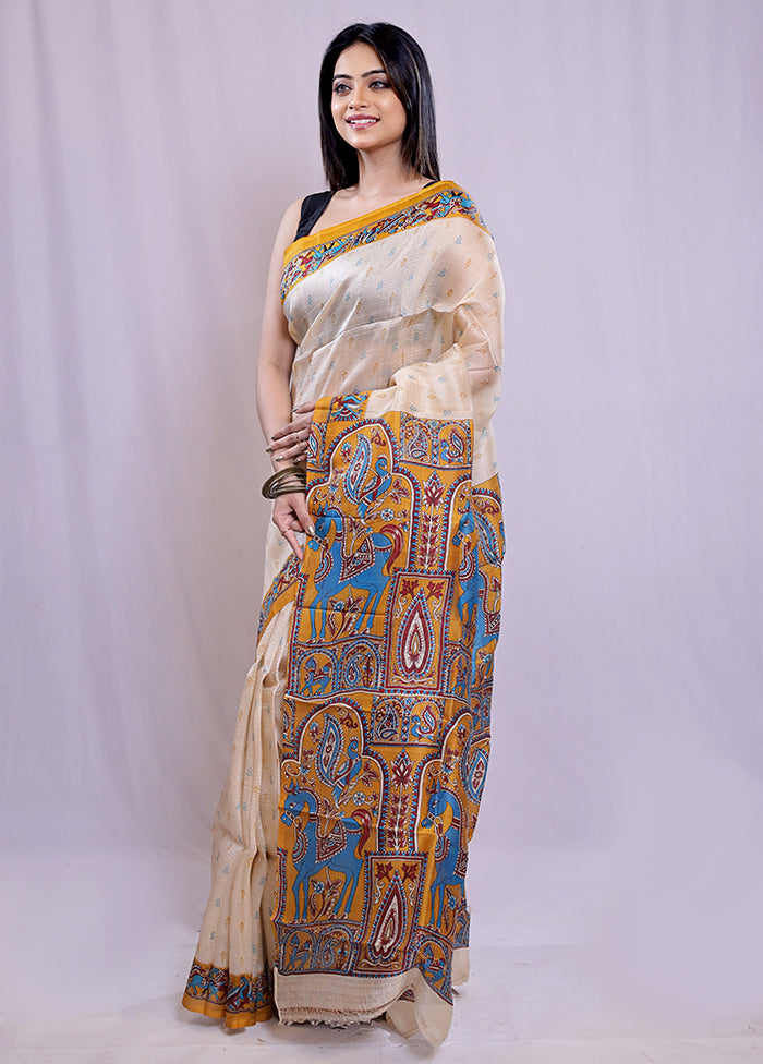 Cream Printed Pure Silk Saree With Blouse Piece - Indian Silk House Agencies