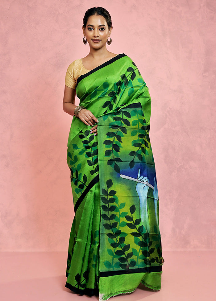 Green Printed Pure Silk Saree With Blouse Piece - Indian Silk House Agencies