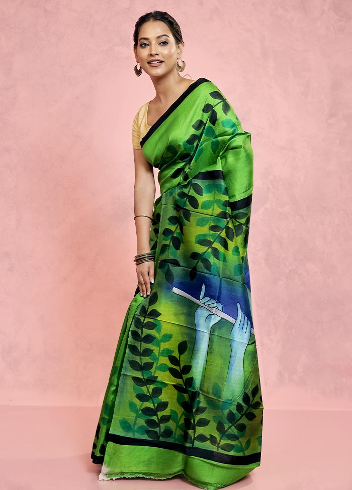 Green Printed Pure Silk Saree With Blouse Piece - Indian Silk House Agencies