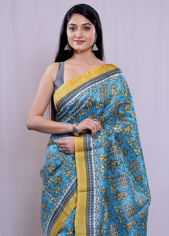 Blue Printed Pure Silk Saree With Blouse Piece - Indian Silk House Agencies