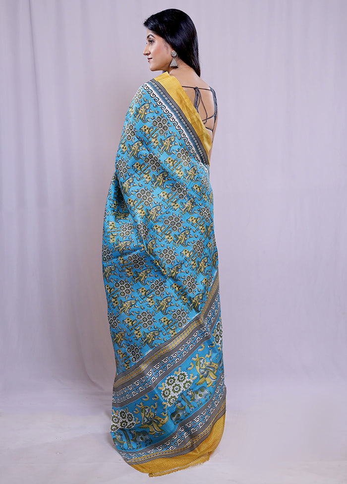 Blue Printed Pure Silk Saree With Blouse Piece - Indian Silk House Agencies