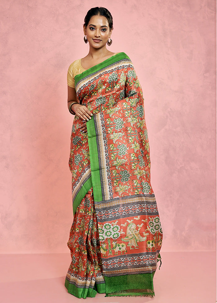 Rust Printed Pure Silk Saree With Blouse Piece - Indian Silk House Agencies