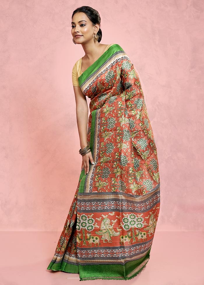 Rust Printed Pure Silk Saree With Blouse Piece - Indian Silk House Agencies