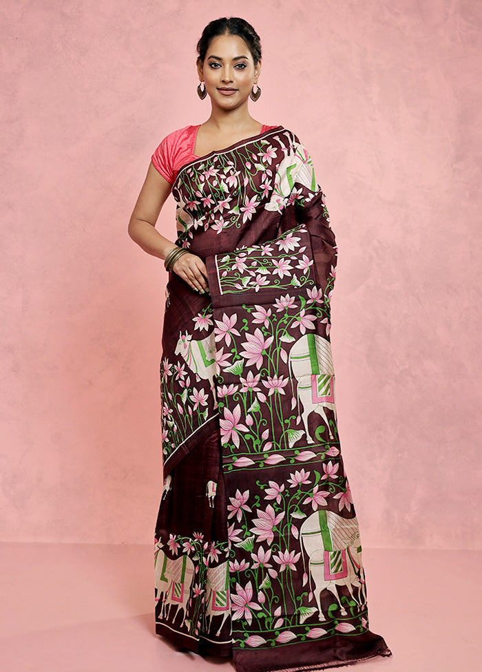 Maroon Printed Pure Silk Saree With Blouse Piece - Indian Silk House Agencies