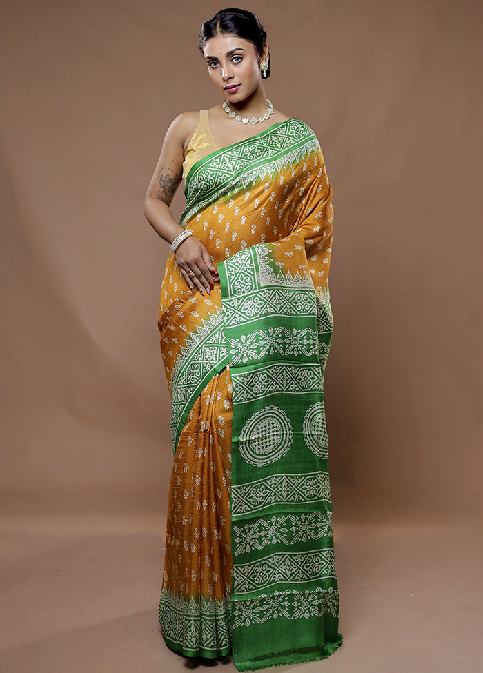 Yellow Printed Pure Silk Saree With Blouse Piece - Indian Silk House Agencies