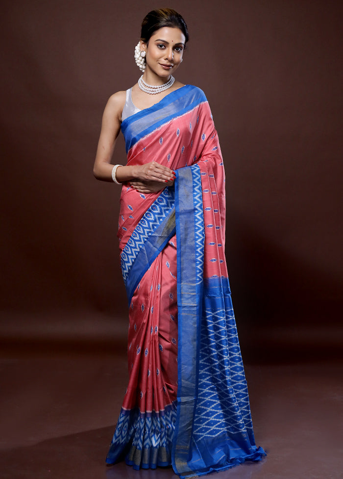 Pink Ikkat Pure Silk Saree With Blouse Piece - Indian Silk House Agencies