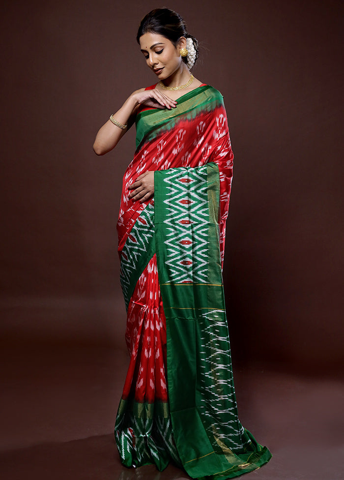 Red Ikkat Pure Silk Saree With Blouse Piece - Indian Silk House Agencies