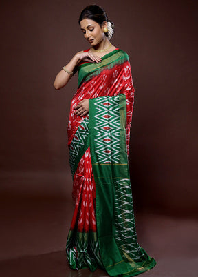 Red Ikkat Pure Silk Saree With Blouse Piece - Indian Silk House Agencies