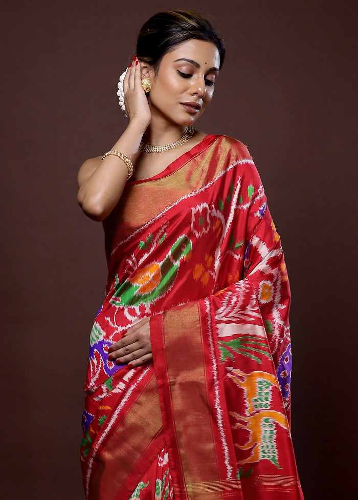 Red Ikkat Pure Silk Saree With Blouse Piece - Indian Silk House Agencies