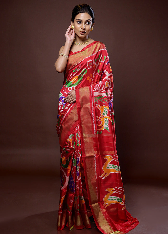 Red Ikkat Pure Silk Saree With Blouse Piece - Indian Silk House Agencies