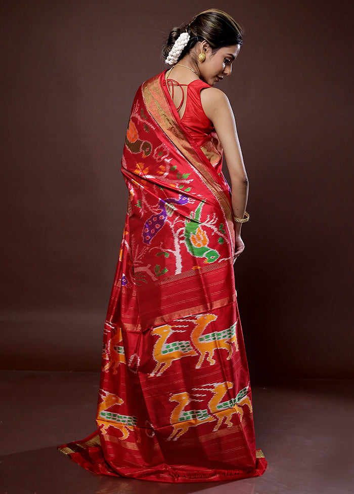 Red Ikkat Pure Silk Saree With Blouse Piece - Indian Silk House Agencies