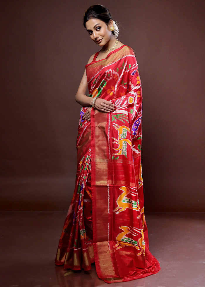 Red Ikkat Pure Silk Saree With Blouse Piece - Indian Silk House Agencies