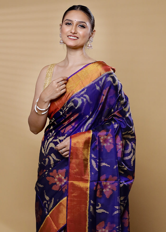 Purple Handloom Patola Pure Silk Saree With Blouse Piece