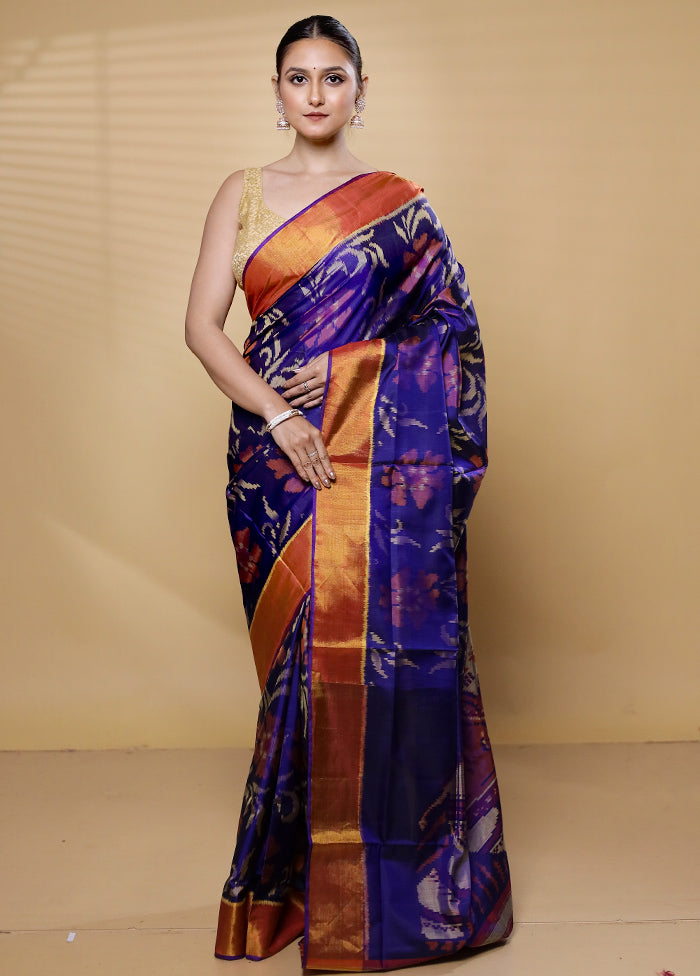 Purple Handloom Patola Pure Silk Saree With Blouse Piece