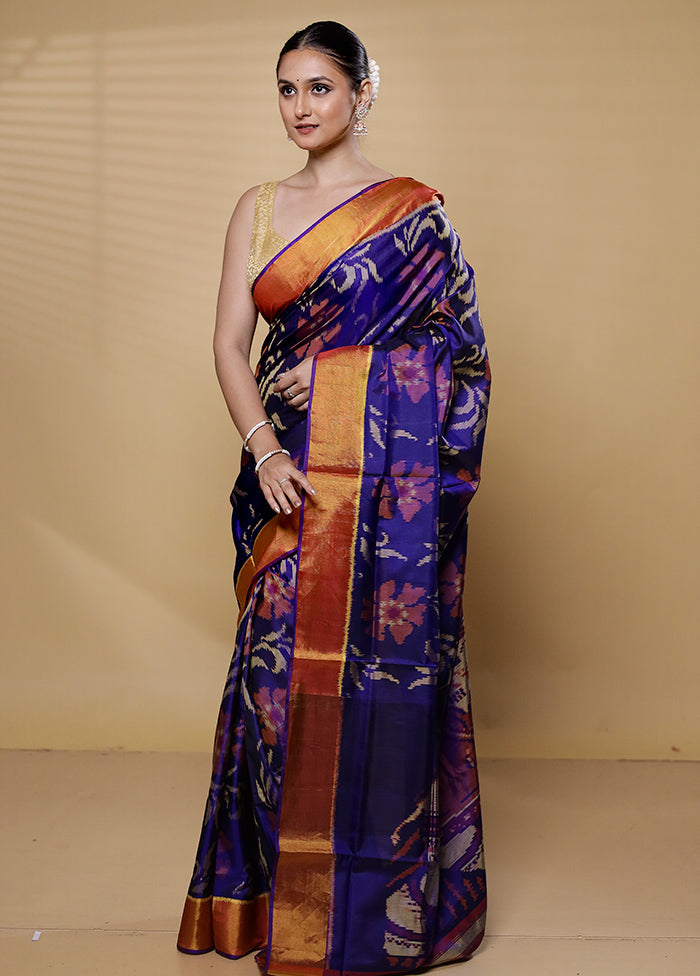 Purple Handloom Patola Pure Silk Saree With Blouse Piece