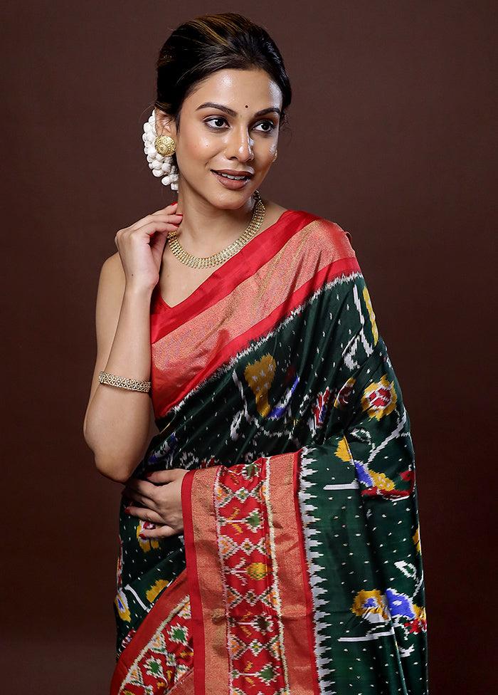 Green Ikkat Pure Silk Saree With Blouse Piece - Indian Silk House Agencies