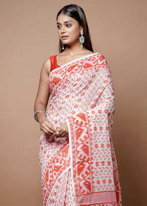 White Jamdani Cotton Saree Without Blouse Piece