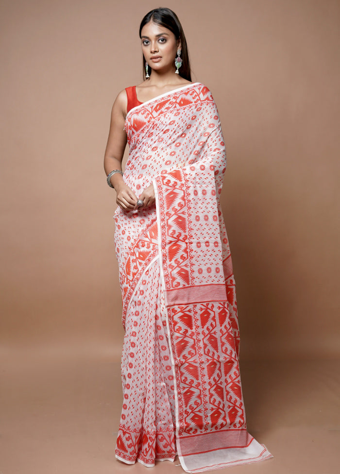 White Jamdani Cotton Saree Without Blouse Piece