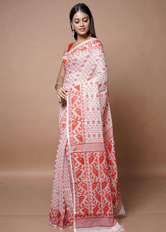 White Jamdani Cotton Saree Without Blouse Piece