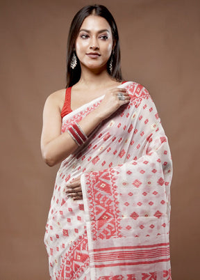 White Tant Jamdani Saree Without Blouse Piece - Indian Silk House Agencies